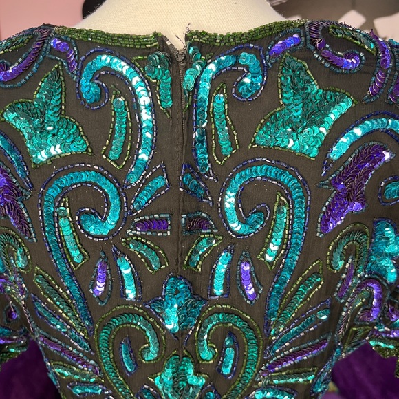 Vintage Sequin Top 100% silk Lawrence Kazar teal turquoise purple size Small - Picture 7 of 9